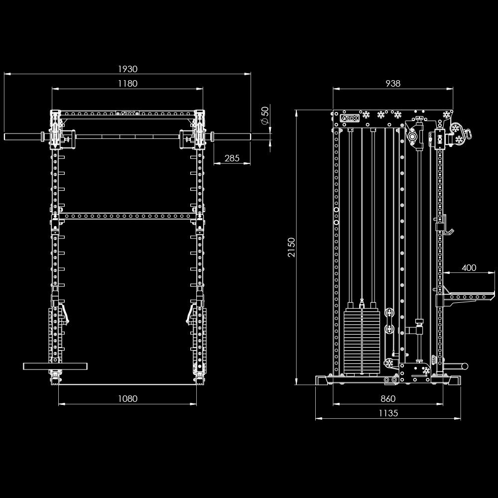 ATX® Multi Smith Rack - Höhe 215 cm - 2 × 100 kg Maße