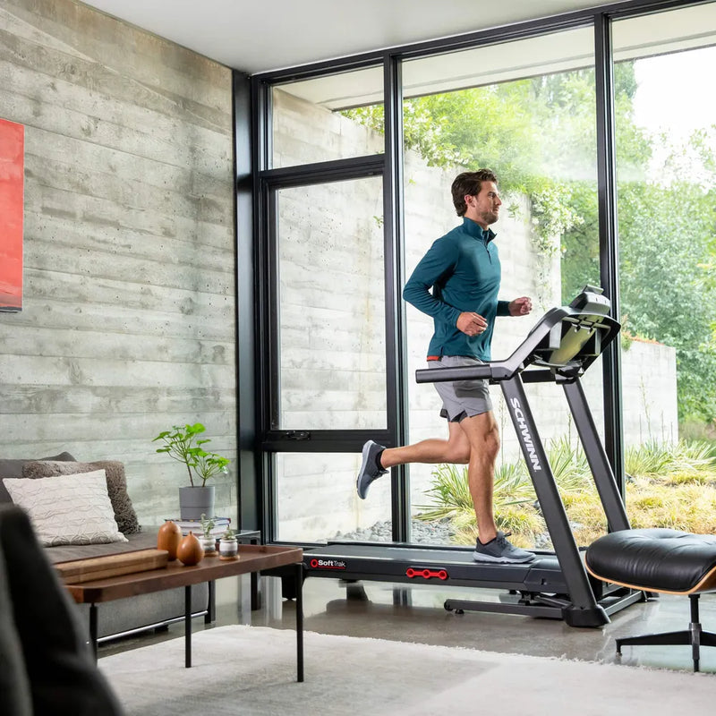 Foldable treadmill in training position and folded to save space