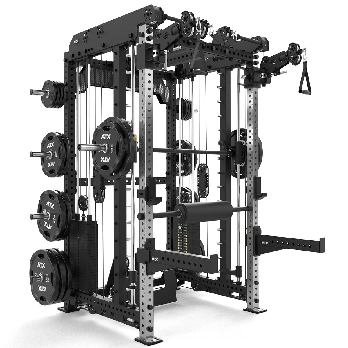 ATX® Multi Pull Smith Rack schräg von vorne mit Hantelscheiben
